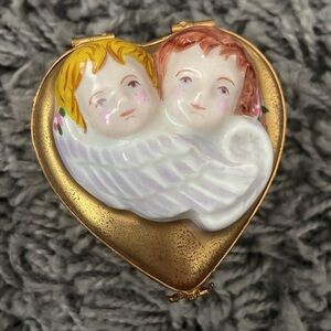 Gold Heart-Shaped Angel Trinket Box Limoges Cerubs Jewelry Trinket Box